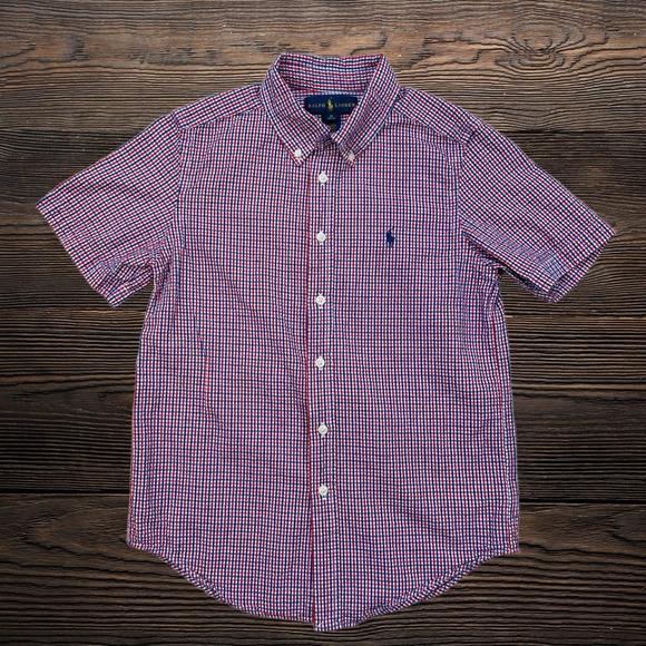 Ralph Lauren Other - Ralph Lauren Boys Gingham Seersucker Shirt Red White Blue Short Sleeve M 10-12